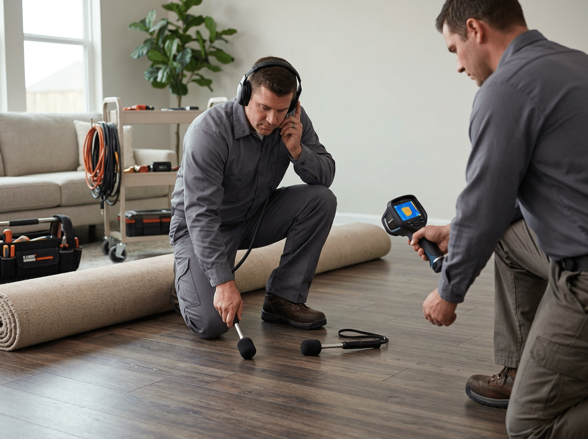 plumber using acoustic listening equipment on concrete floor slab leak detection